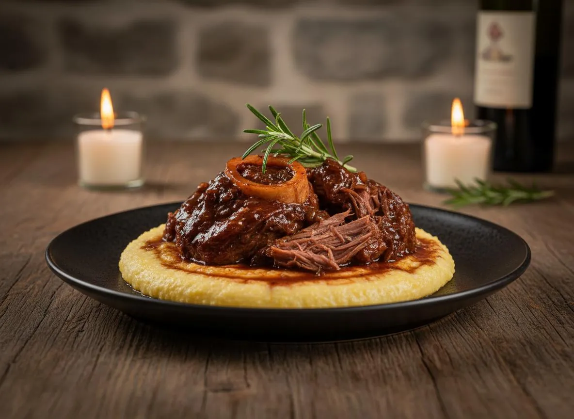 Guancia di manzo brasata al Barbaresco su polenta cremosa